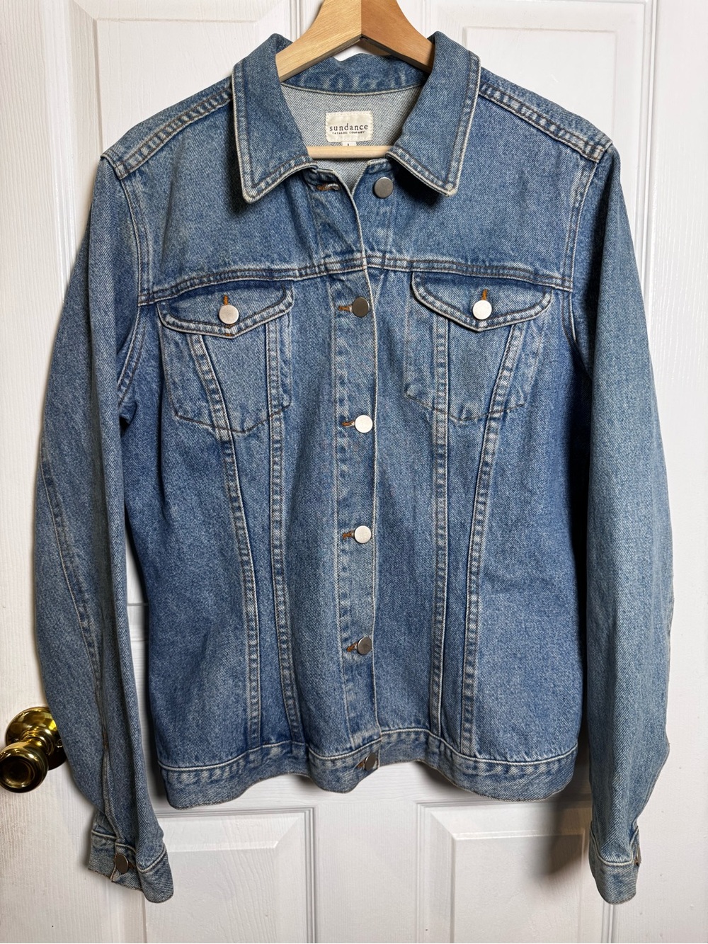 Sundance Catalog Fitted Denim Jean Jacket L Made USA 100% Cotton Trucker 90s